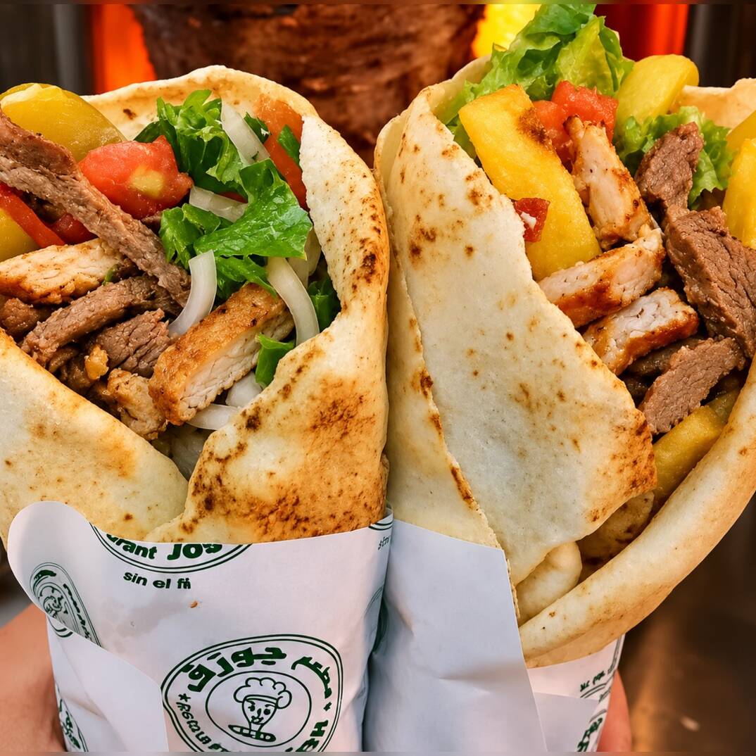 Dois shawarmas mistos no pão sírio, preparados com carne, frango, creme de alho, alface, tomate, cebola e batata frita dentro do lanche.