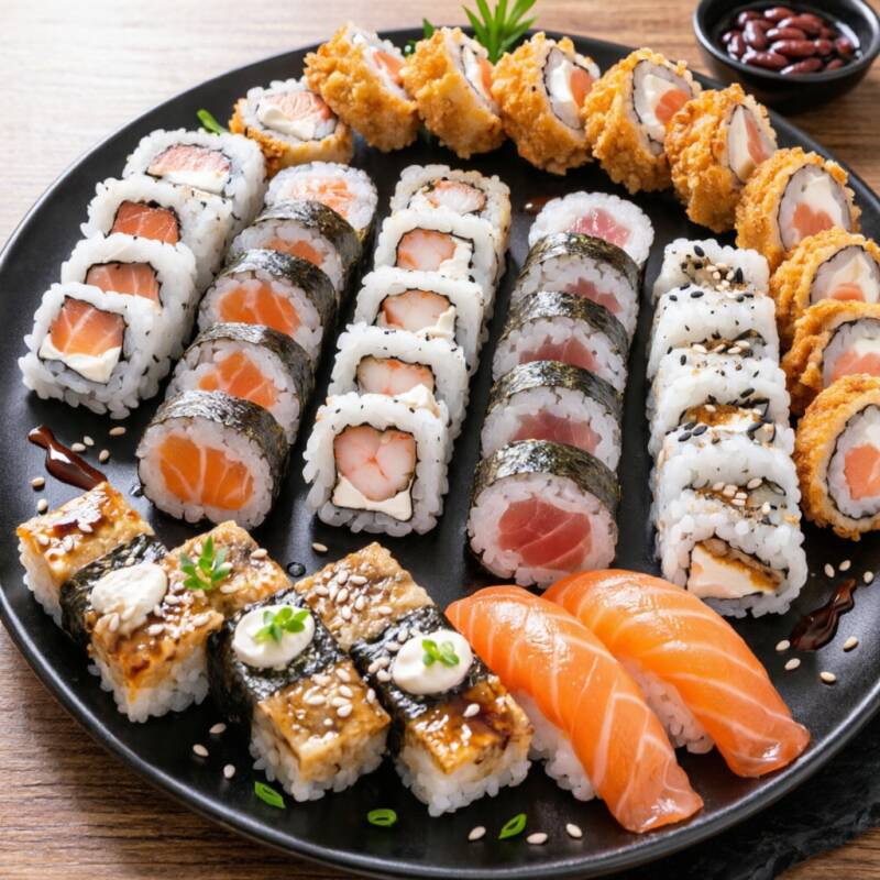 40 Pçs - 5 Huramaki Filadelphia, 5 Huramaki Skin, 5 Huramaki Tempura Roll (camarão empanado), 5 Hossomaki Atum, 5 Hossomaki Salmão, 2 niguiri de Salmão, 3 niguiri de skin, 10 Carioca Salmão