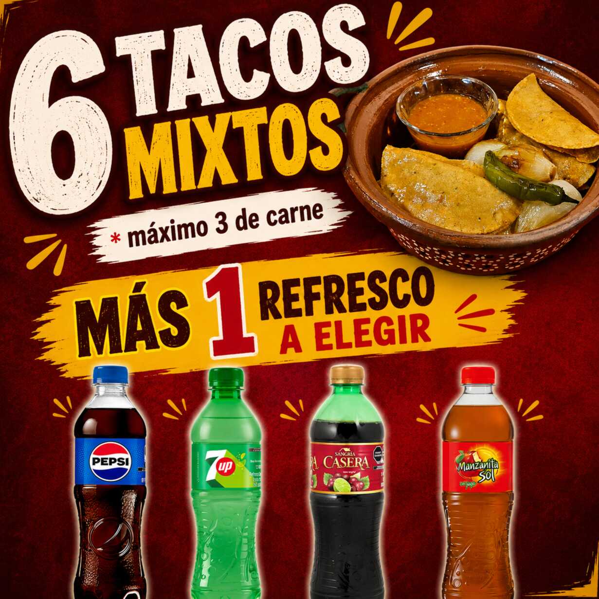 Combo 6 Tacos Mixtos Más Refresco de 400 ML