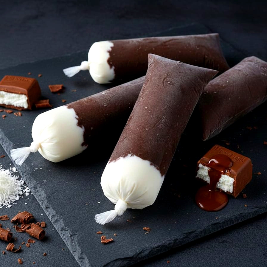 Geladinho gourmet feito com coco fresco com casquinha de chocolate nobre. Macio, cremoso e saboroso.