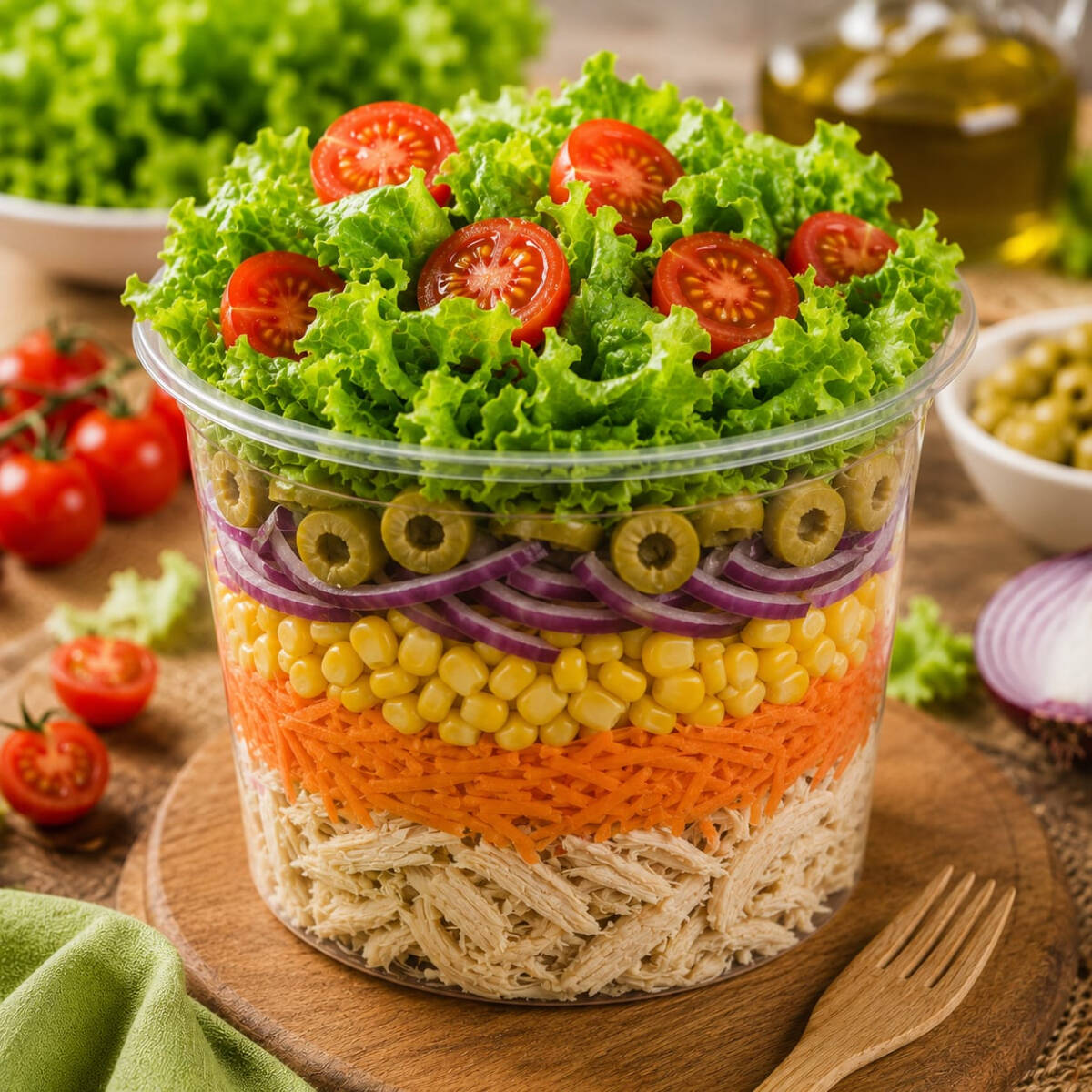 Uma refeição leve, saudável e incrivelmente em conta! Nossa Salada Baratíssima vem com frango desfiado temperadinho, cenoura ralada crocante, milho, cebola, azeitona verde, tomates fresquinhos e alfaces selecionadas. Ideal para quem quer comer bem, gastando pouco. Almoço completo, saboroso e com preço que cabe no bolso.Peça agora!