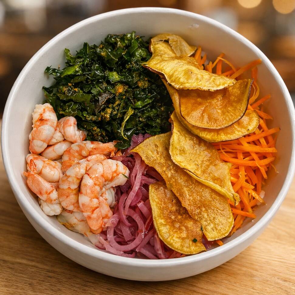 Bowl individual, preparado na hora com ingredientes fresquinhos. Escolha a base do seu poke. Poke de camarão com cenoura ralada, cebola roxa, crisp de couve crocante e chips de batata-doce finalizado com mix de gergelim. Uma refeição fit, saudável e completa — equilibrada, leve e cheia de sabor
