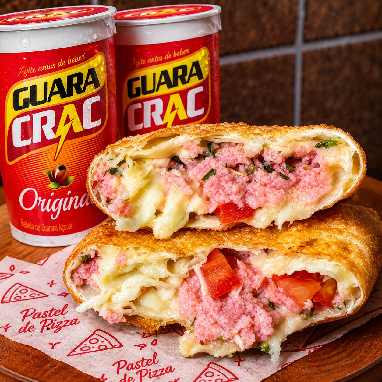 Dois Pastéis Pizza + 2 guaravita.
Pastel pizza= Queijo muçarela, presunto, tomate picado, cebola triturada e orégano.