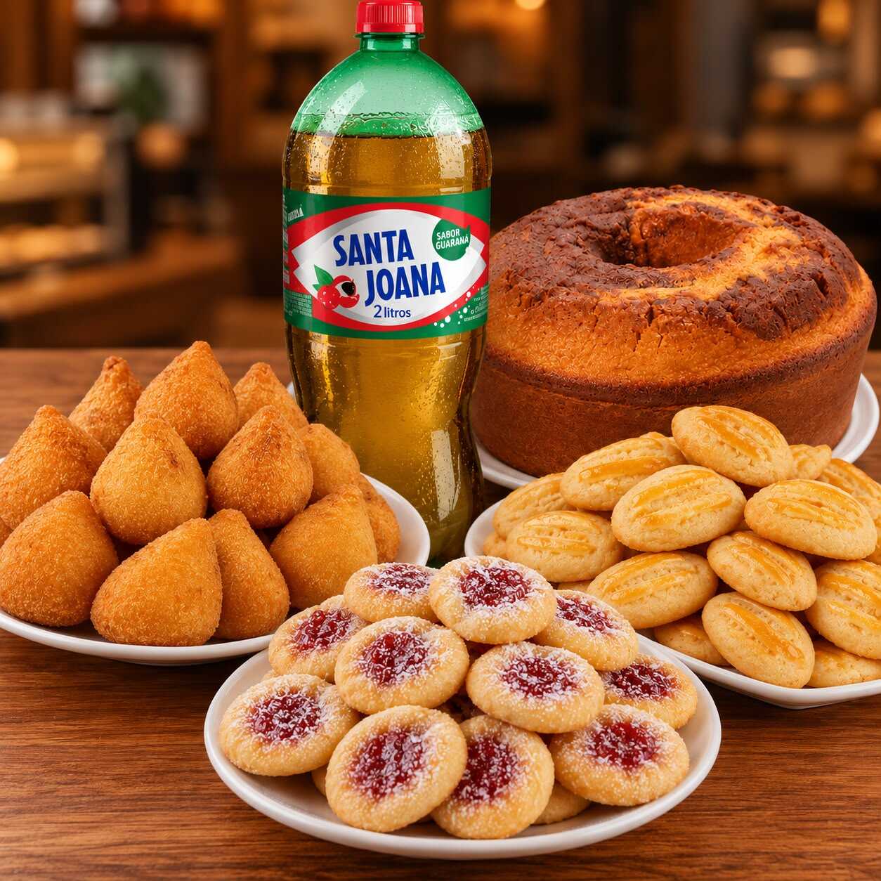 1 bolo mesclado 500gr + 150gr de mini coxinha + 150gr de salgadinho de queijo + 150gr de olho de sogra + refrigerante santa joana 2l (sabor disponivel)