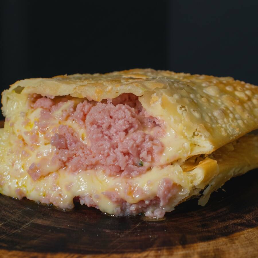 Queijo mussarela com Presunto. Massa crocante e sequinha, Pastel de 20x10cm, recheado de ponta a ponta, preparado e frito na hora.
*imagem ilustrativa