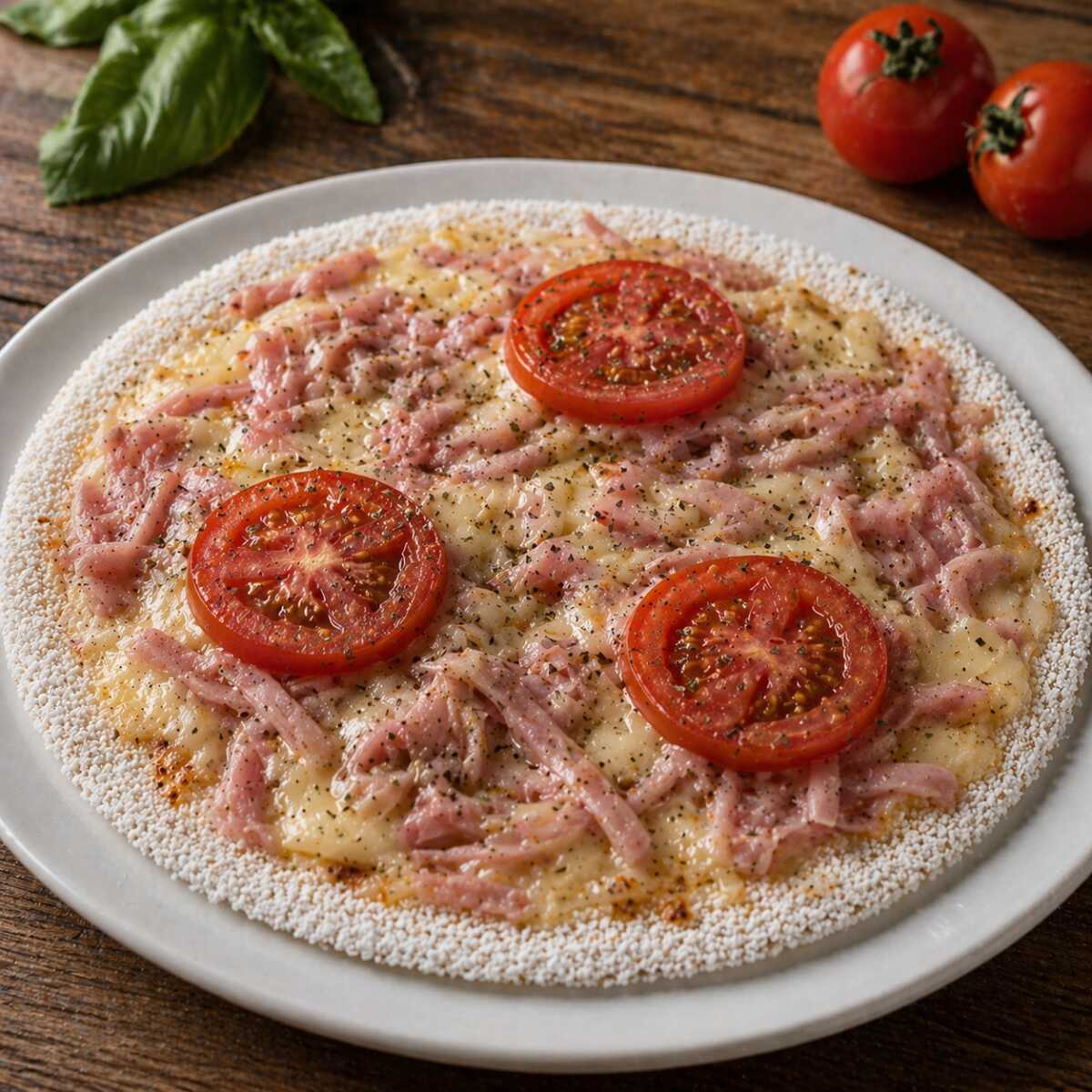 Tapioca Feita Com Massa 100% Artesanal, Recheada Com Queijo Mussarela Derretido, Presunto, Tomate Fresco, Molho De Tomate E Orégano. Uma Combinação Clássica E Irresistível.