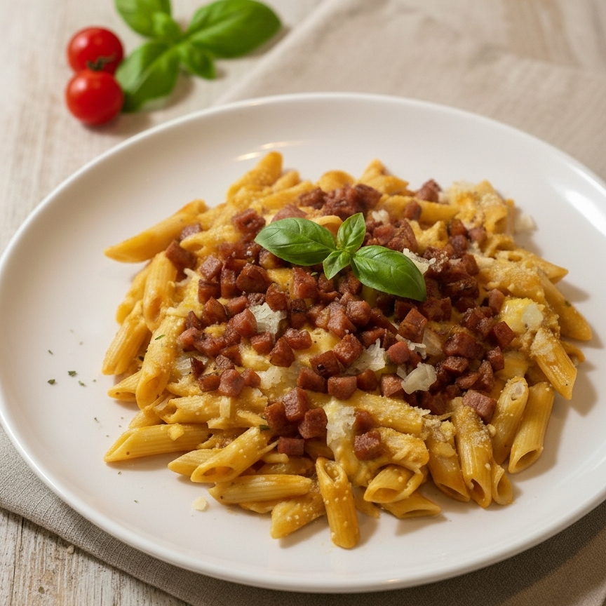 Massa ao molho de tomate com calabresa em cubos, alho bem refogado e queijo prato. Finalizado com alho frito e um toque de orégano, ervas finas ou manjericão. Intenso e aromático, ótima escolha para quem aprecia sabores fortes e bem temperados.