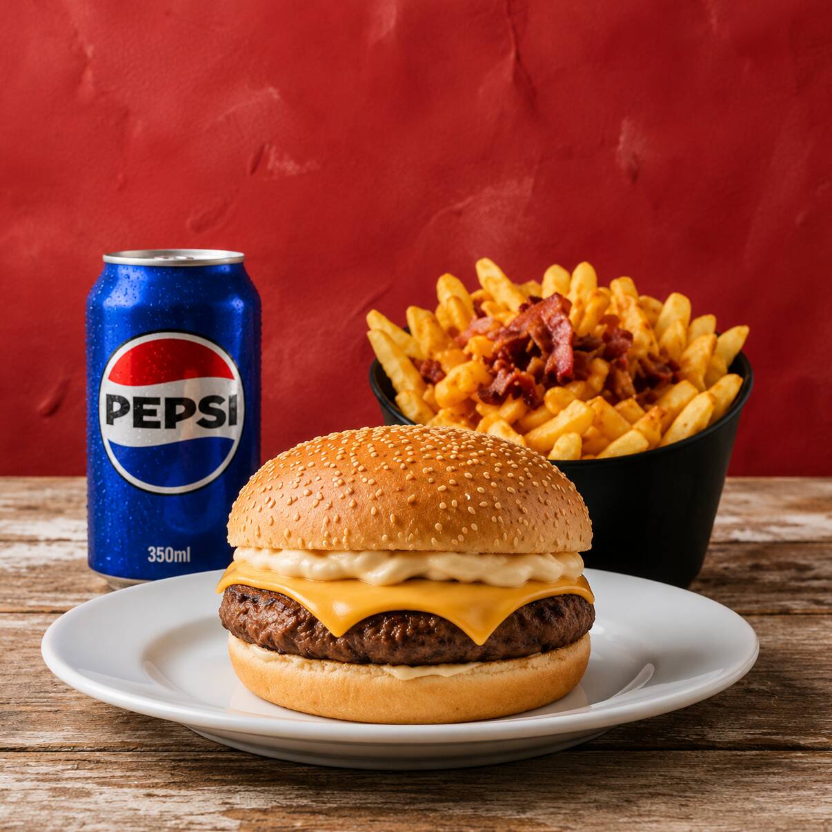 1 Lanche - Pão Gergelim, carne, queijo,e maionese da casa + 1 batata cheddar e bacon +1 Pepsi 350ml