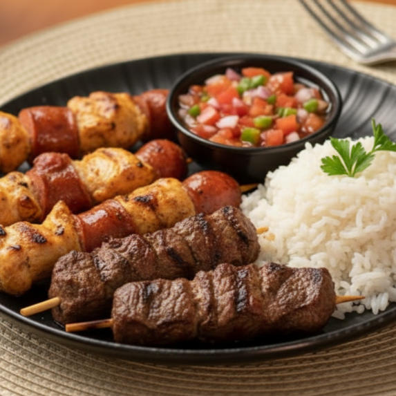 O Churrasquinho Misto é uma deliciosa combinação de cortes suculentos de alcatra bovina, frango e linguiça toscana grelhados para um sabor irresistível. servido com arroz, batatas chips crocante, farofa e molho à campanha