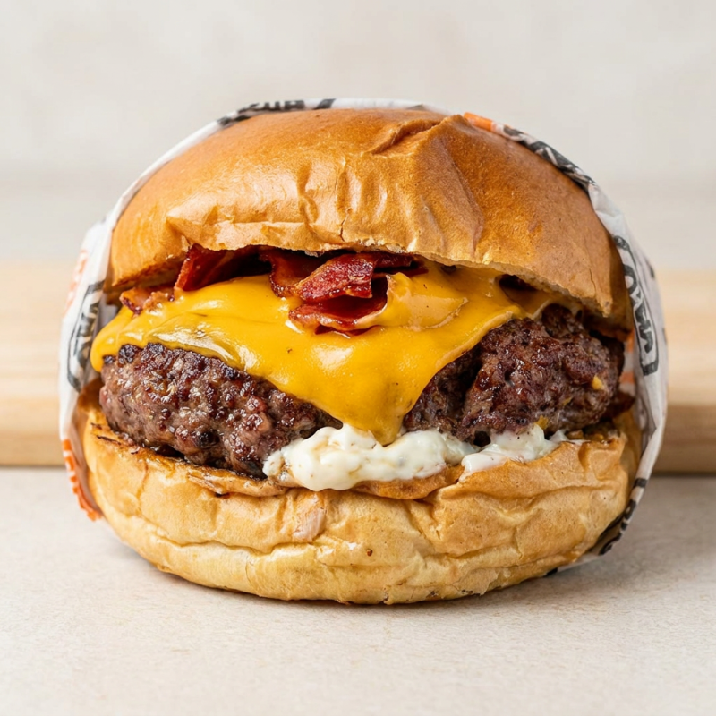 Pão Brioche, Suculento Hambúrguer bovino 170gr. Grelhado na brasa, queijo Cheddar, Bacon, e nossa Deliciosa maionese Meca.