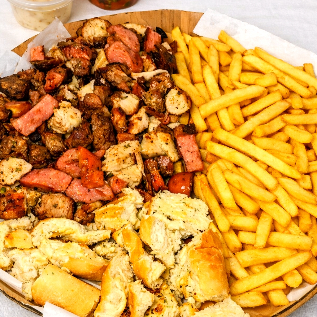 Escolha até 4 espetos + 500gr de Batata frita + 4 Pão de alho + Molho a campanha, farofa + 1 Sukita 2L