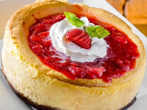 Biscoito de chocolate, coberto com massa a base de cream cheese e geléia demorangos frescos.