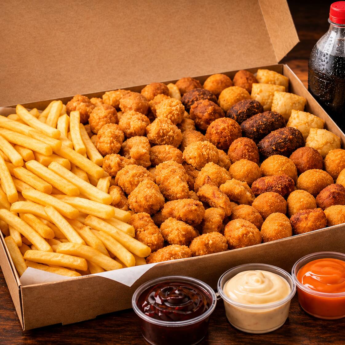 600g batata frita, 400g nuggets, 40 salgados sortidos, 1 molho, Coca-Cola 1L.