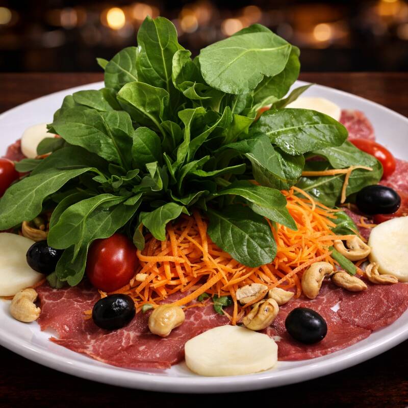 Uma combinação sofisticada, fresca e cheia de personalidade! Nossa salada une rúcula levemente picante, tomate cereja suculento e cenoura ralada que traz leveza ao prato. O carpaccio em fatias finas adiciona maciez e sabor marcante, enquanto a mussarela de búfala entrega cremosidade delicada. Para surpreender o paladar, uvas frescas que equilibram com um toque adocicado e castanhas que acrescentam crocância irresistível. Uma explosão de texturas e sabores em perfeita harmonia — leve, elegante e simplesmente deliciosa.