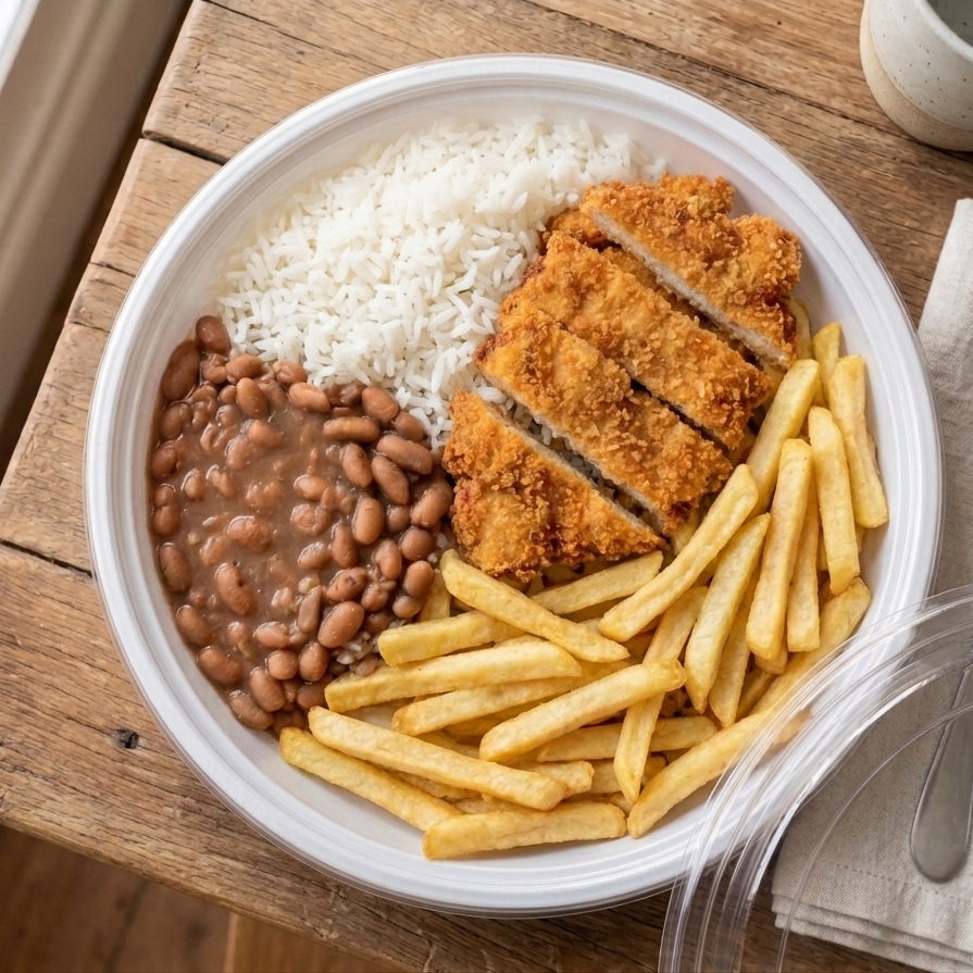 Tiras de frango empanadas e crocantes, douradas por fora e suculentas por dentro. Acompanha arroz, feijão, batata frita e salada do dia ou salada com maionese, para uma refeição completa e deliciosa. 😋🍽️