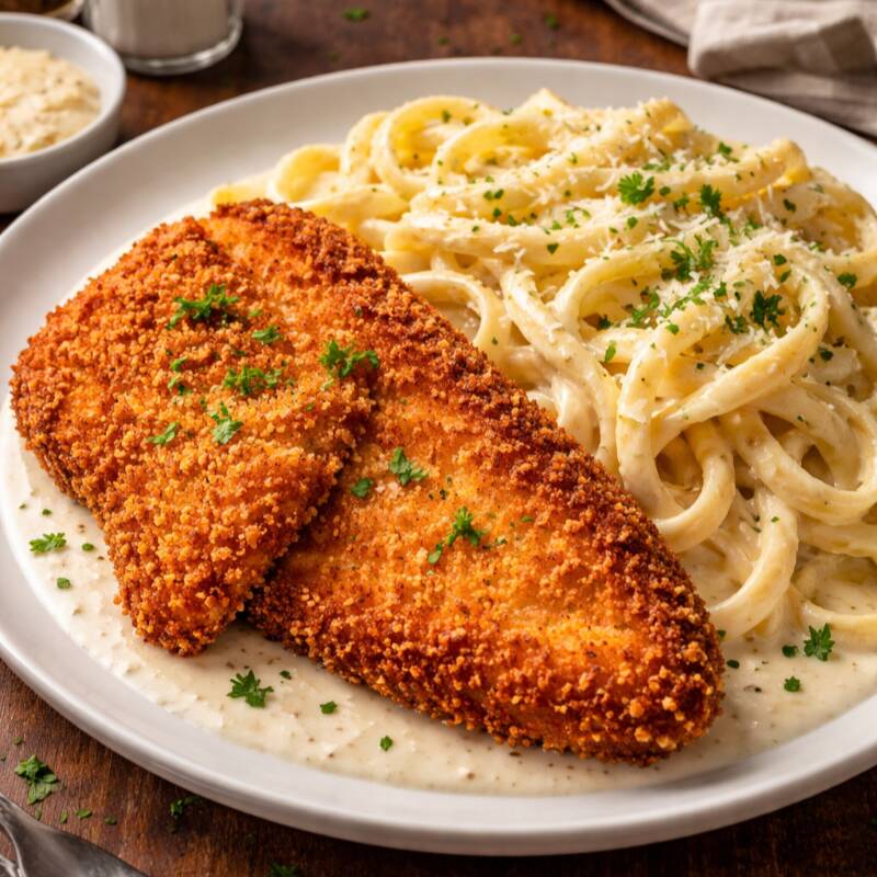 Filé mignon empanado com farinha panko, acompanha fettuccine artesanal ao molho de queijos.