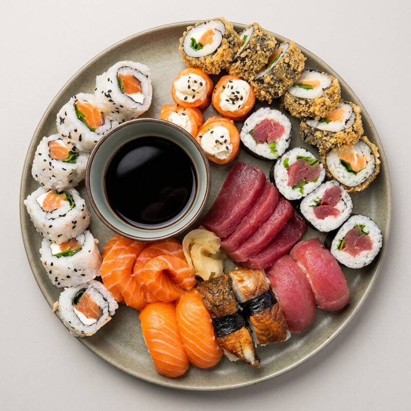 Nosso combinado mais completo!!! 34 peças deliciosas para você. 2 sushi salmão 2 sushi atum 2 sushi salmão skin 4 sashimis salmão 4 sashimi atum 4 Joe de salmão 6 Philadelphia 6 hot Philadelphia 4 atum maki