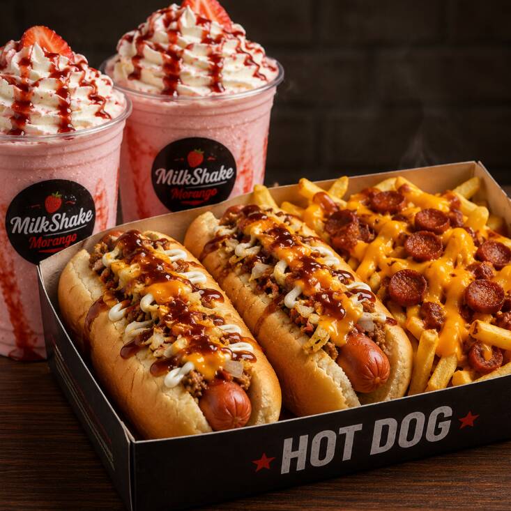 Na Caixa De Fritas, Acompanha 2 Hot Dog´S 15 Cm, Batata Frita,Calabresa,Cheddar. 2 Milkshake De Morango.