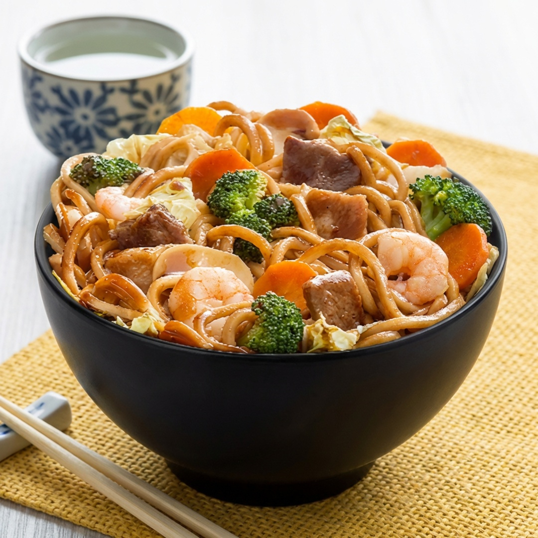 Macarrão, legumes, carne, frango e camarão.