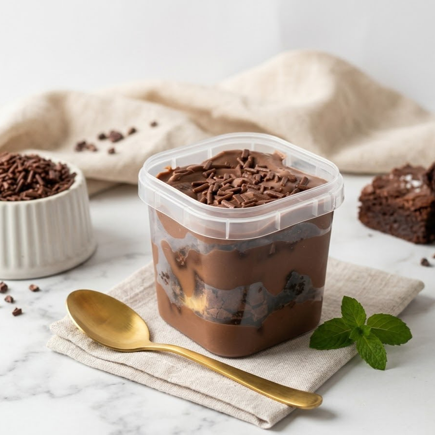 Pedacinhos de brownie com cremoso brigadeiro 50% . Pote 220ml