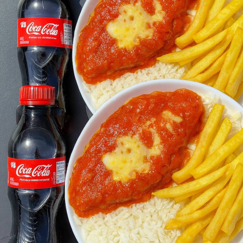 Marmita com delicioso frango a parmegiana e fritas acompanhado de arroz branco, Acompanha refrigerante pet Coca Cola bem gelado. Combo de Marmita indicada para 02 pessoa.