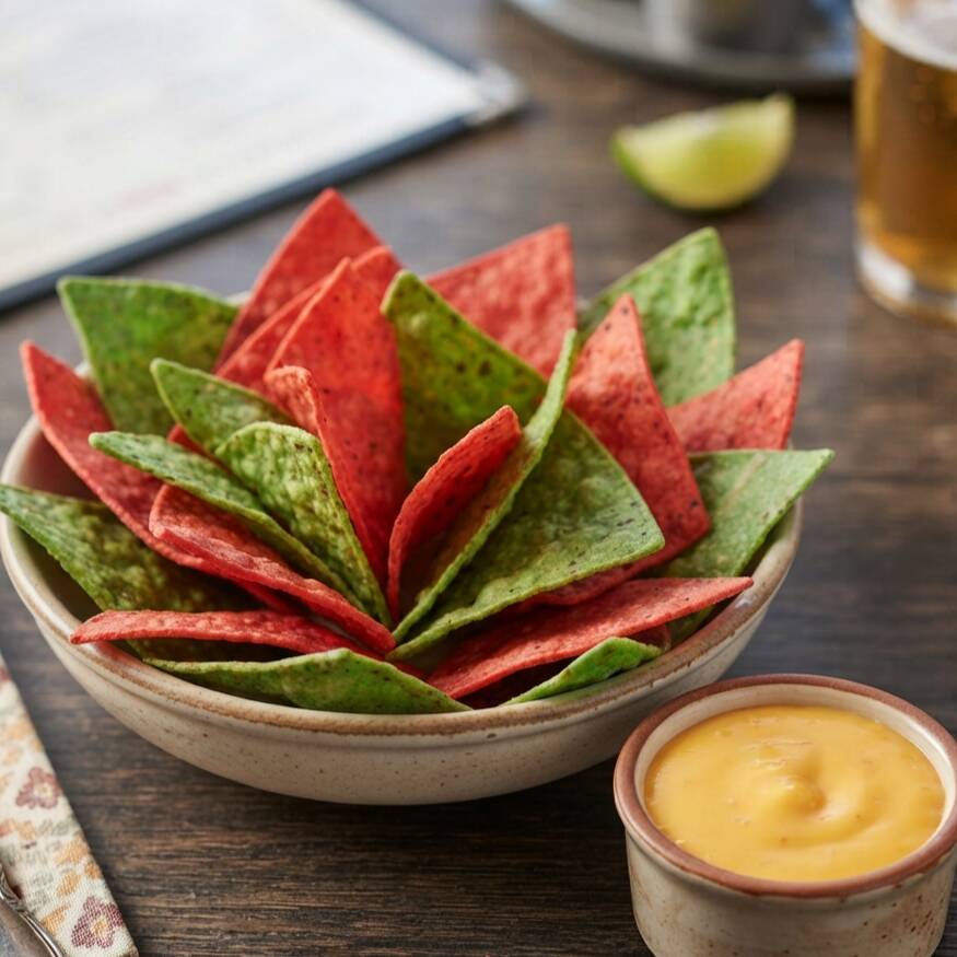 Nachos de Colores con Salsa Queso Cheddar