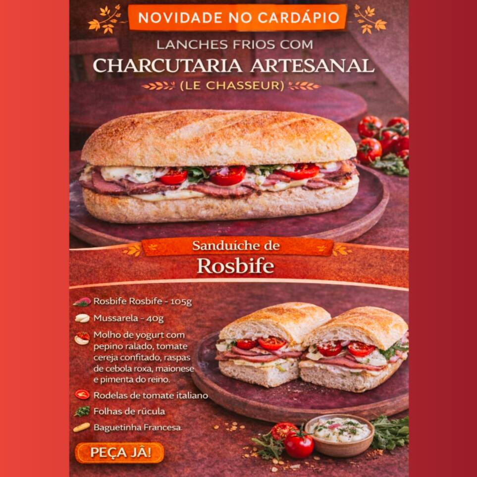 * Rosbife - 105g. * Mussarela - 40g. * Molho de yogurt com pepino ralado, tomate cereja confitado, raspas de cebola roxa, maionese e pimenta do reino. * Rodelas de tomate italiano. * Folhas de rúcula. * Baguetinha Francesa. Alta qualidade, nada de massa em forma, todos os produtos são produzidos a partir de partes/peças in natura da proteína. Uma excelente seleção de produtos, todos fresquinhos do dia.