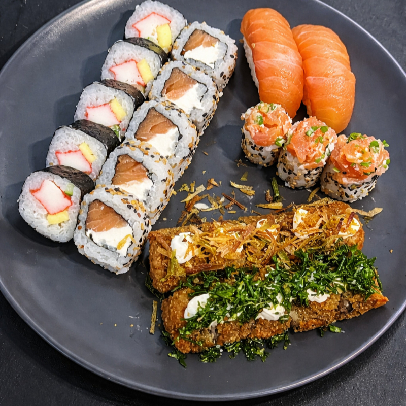 5 Uramaki Califórnia, 2 Sushi salmão, 5 Hossomaki salmão cream cheese, 3 Bolinhas de arroz Philadelfia, 05 Hot patê de salmão grelhado com couve crispy, 05 Hot patê de salmão grelhado com alho-poró. Kit molho: 1 Tarê Sachê Mitsuwa, 2 Shoyu, 1 Hashi