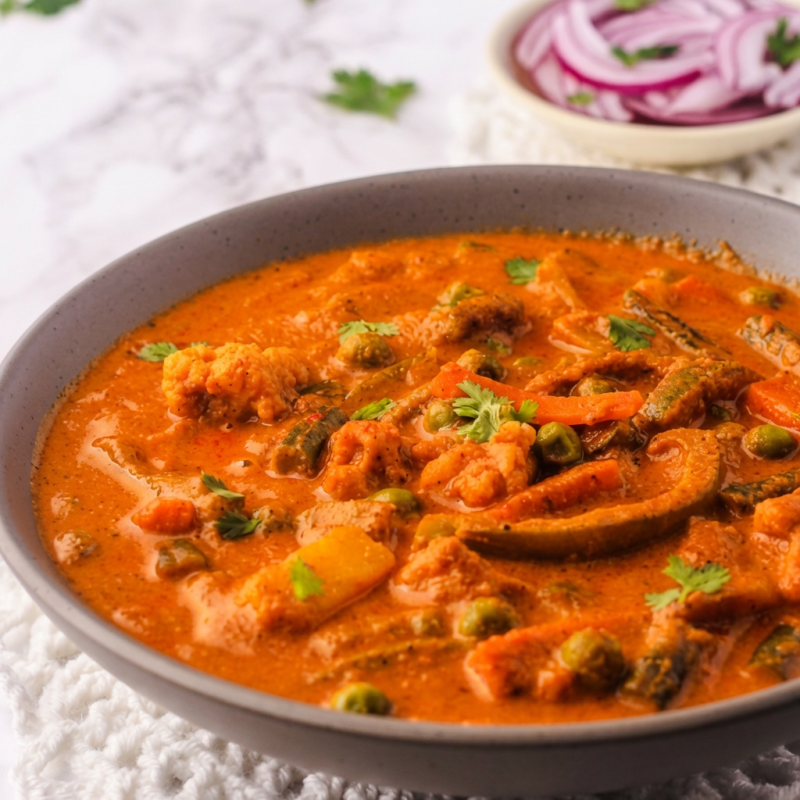 Tradicional mistura de vegetais preparados com temperos da região do kolhapur e especiarias da chef deepali. super apimentado, precisa ter coragem para apreciar este prato.
