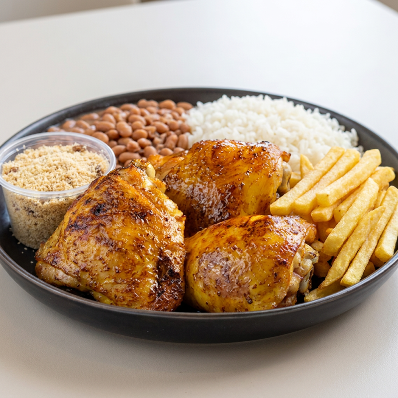 Acompanha arroz e farofa.