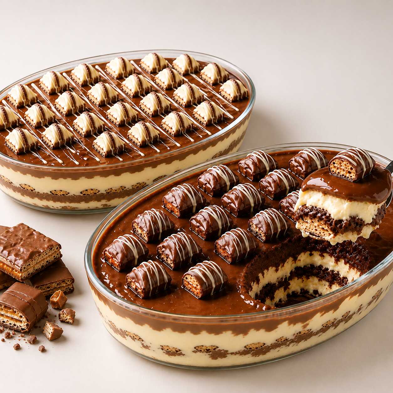 São 2 travessas irresistíveis: 1 Pavê de Kinder Bueno + 1 Pavê de Kinder Bueno White. Cremosos, deliciosos e perfeitos para compartilhar!