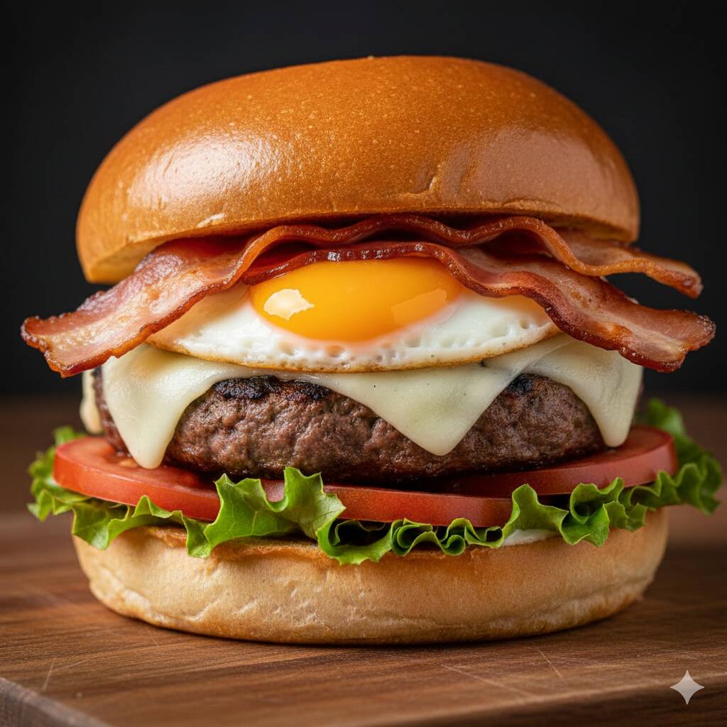 Pão, carne bovino 110g, queijo, bacon, ovo, alface e tomate