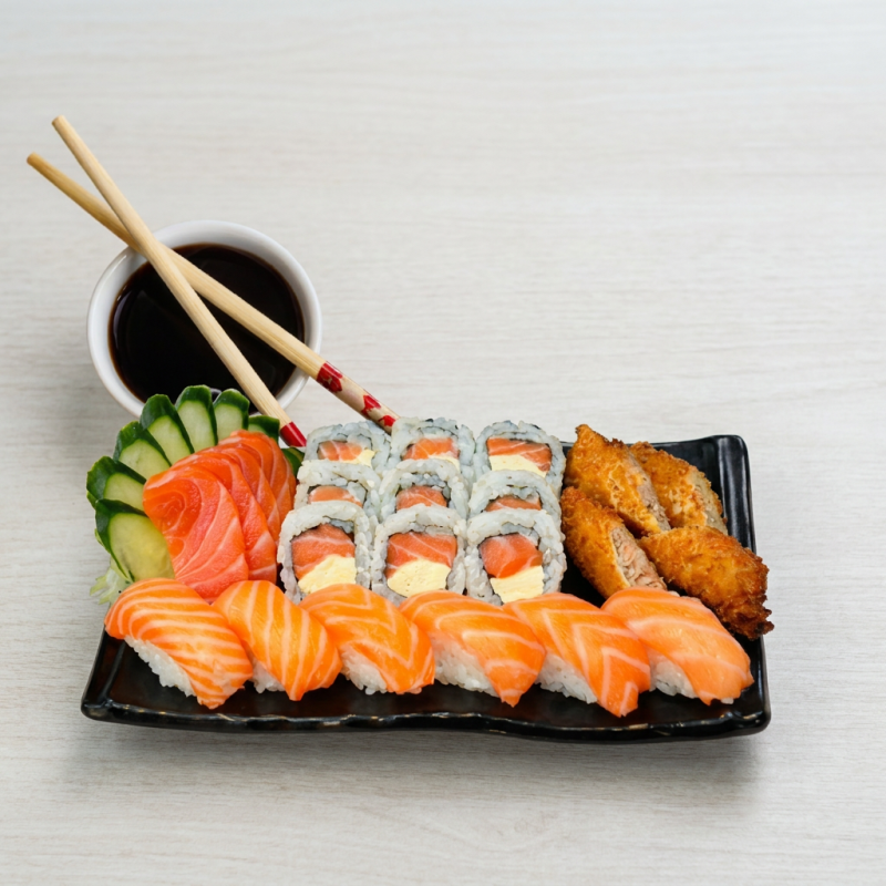 9 uramaki filadelfia , 6 niguiris de salmão , 5 sashimi de salmão , 2 pastel de salmão cremoso