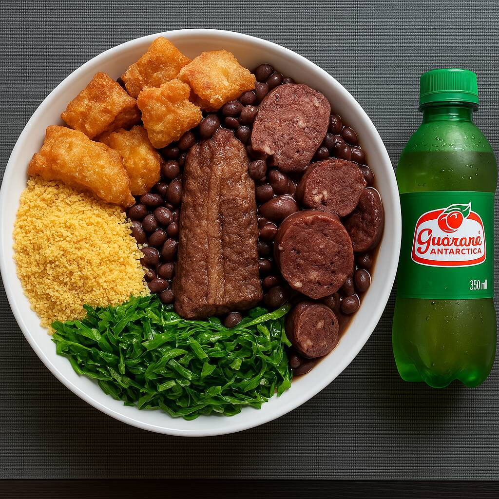 Marmita de Feijoada Magra Individual — arroz branco soltinho acompanhado de feijoada feita com carne seca saborosa, lombo macio, costelinha suculenta, linguiça calabresa e paio, tudo no caldo encorpado do feijão preto. Vem com couve refogada na manteiga, farofa dourada e torresmo crocante. Porção perfeita para matar a fome de 1 pessoa com muito sabor.