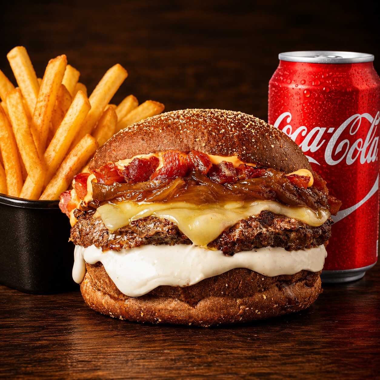 Um Super Delicioso Burger Supremo + uma Porção de Batata Frita Sequinha e Crocante + 1 Pepsi Lata 350ml