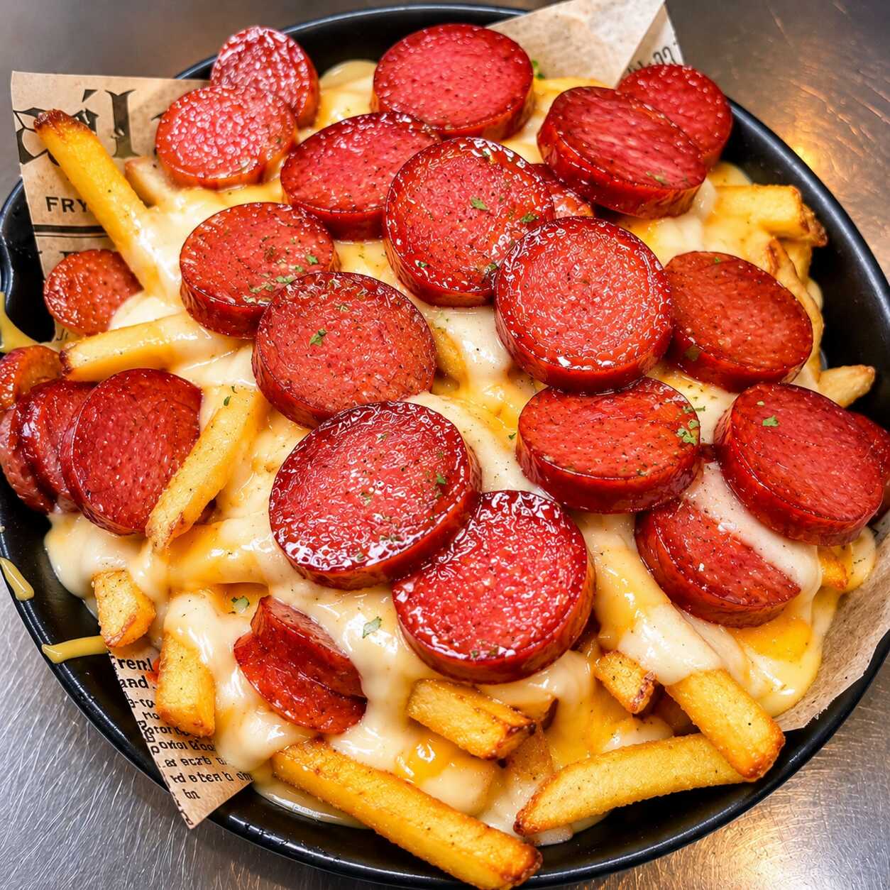 Papas Fritas Con Salchicha Roja Y Queso Mediana