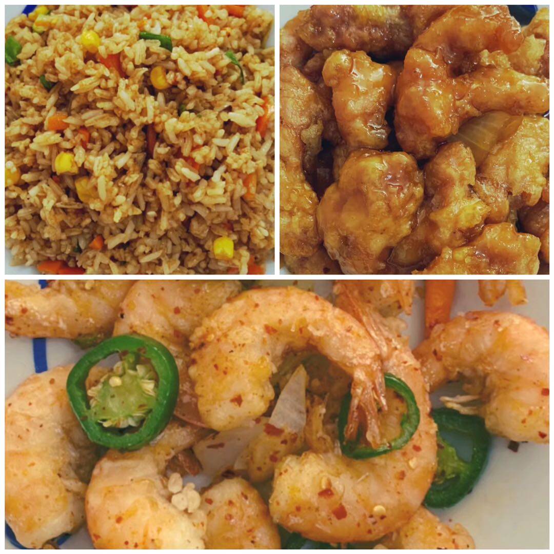 Camaron y Pollo Agridulce con Arroz