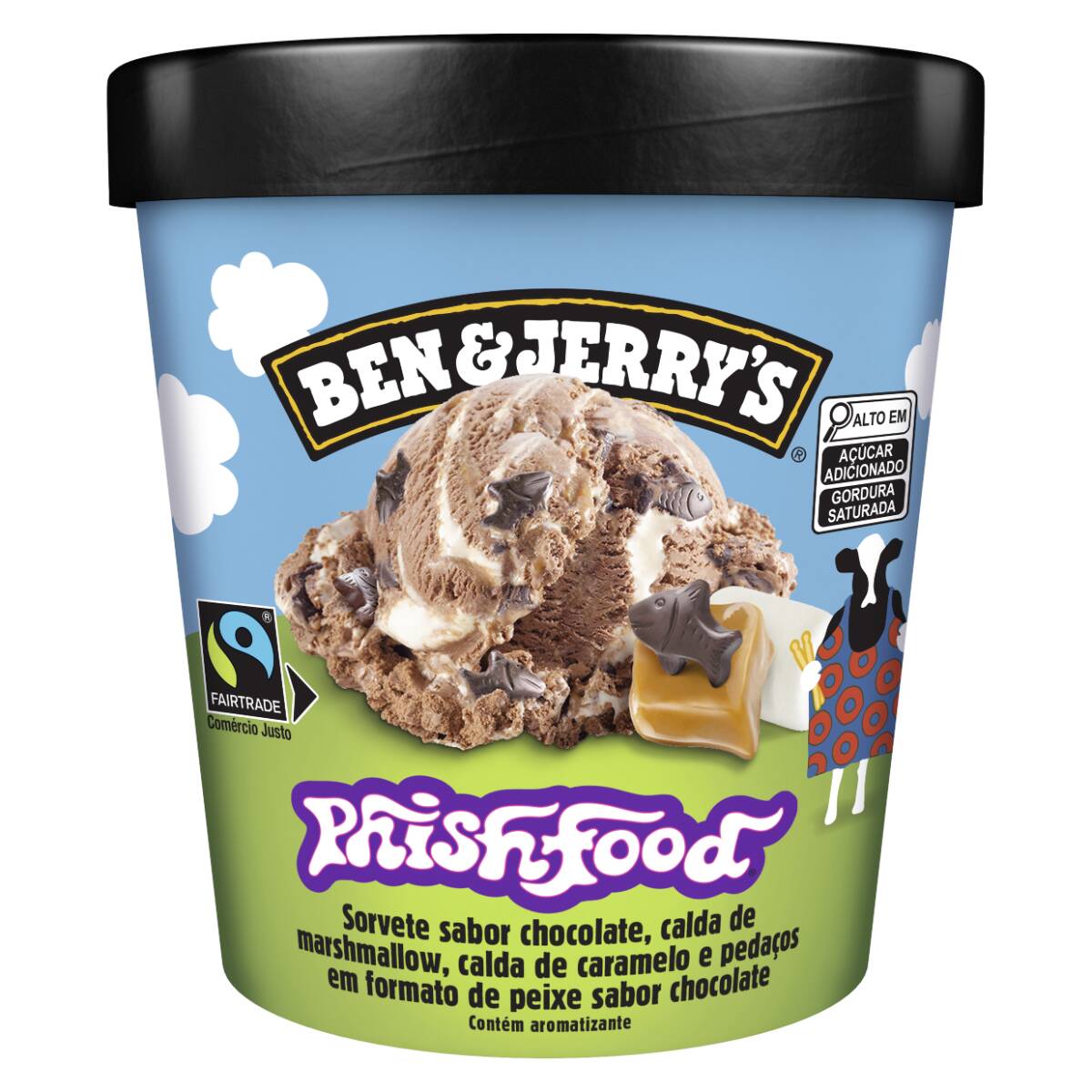 Sorvete sabor chocolate com marshmallow, calda de caramelo e flocos em formato de peixe sabor chocolate.