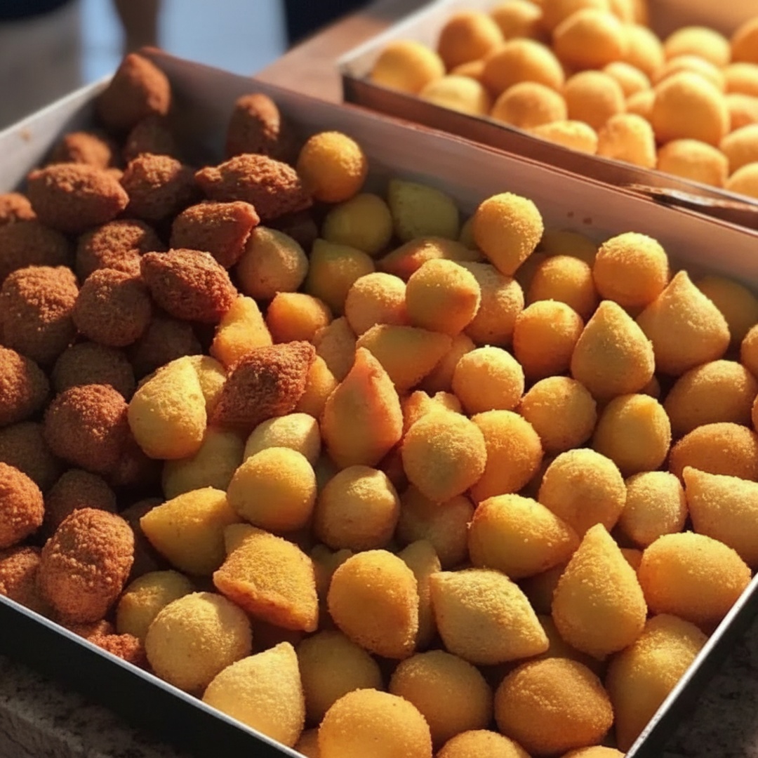 Delicie-se com 30 minis salgados de 16g , com a melhor massa feita a base de batata, muito crocante e saborosa.