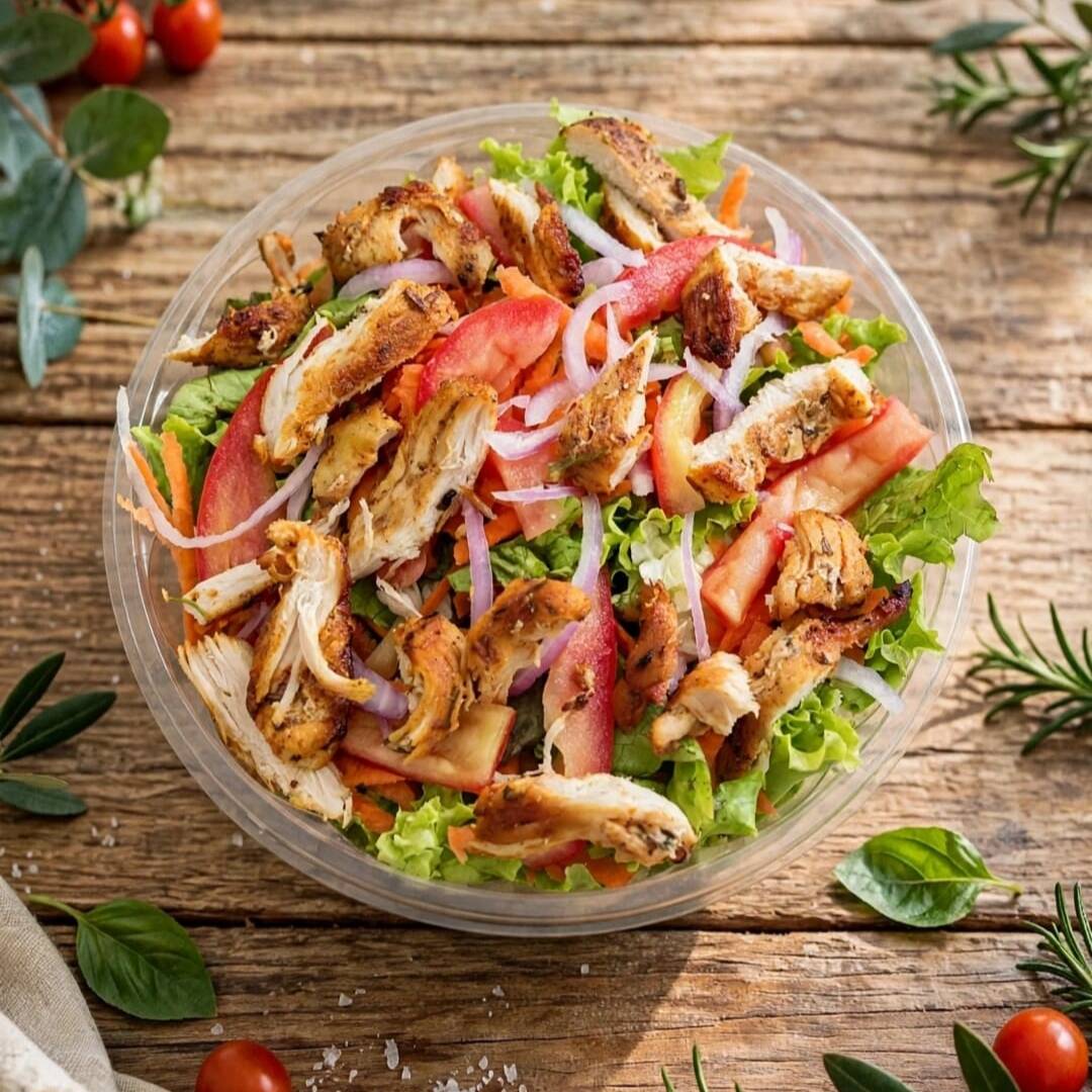 A combinação perfeita para uma alimentação saudável e saborosa, mix de folhas, tomate, cebola roxa, cenoura ralada e frango temperado com ervas e frito no azeite, acompanha molho artesanal zero lactose.