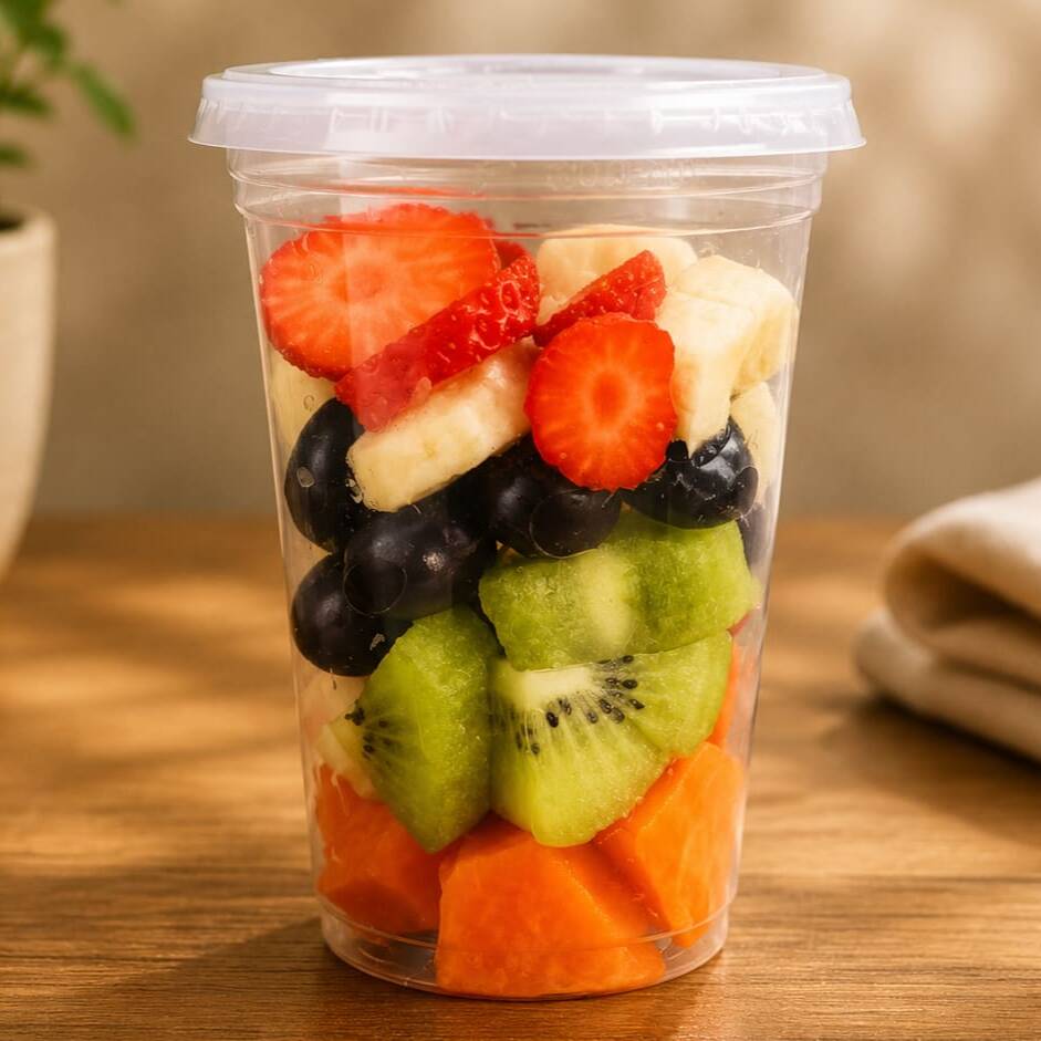 Uma deliciosa salada de Frutas Gourmet fresquinha 700ml feita com frutas selecionadas ,uma ótima opção deliciosa e saudável para o Dia a Dia. Ja acompanha leite condensado