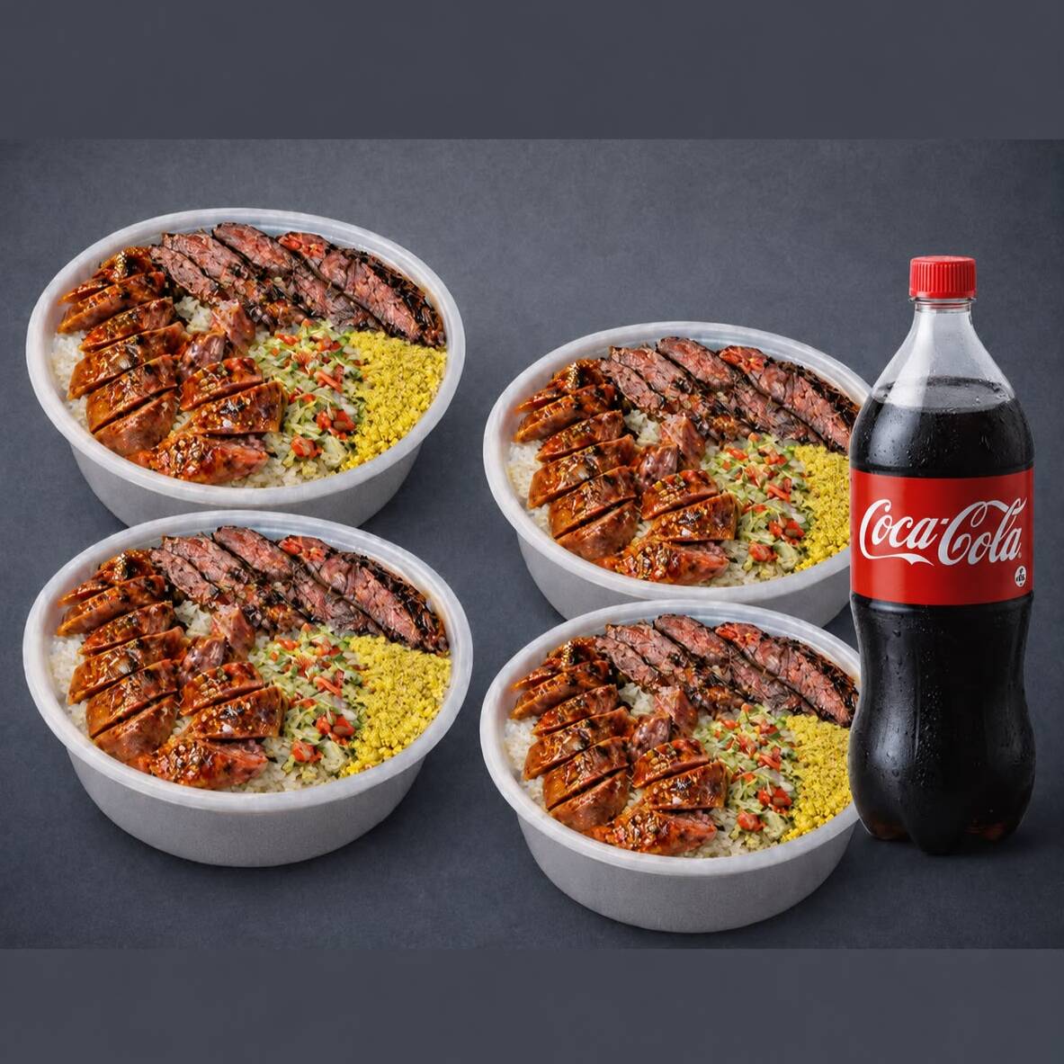 Combo Família - 4 Marmitex + 1 Coca Cola 2 Litros de Brinde.
Arroz, Feijão temperadinho, Contra Filé e Linguiça Assado na Brasa, Farofa e Vinagrete.
(4 Marmitex Tamanho Média)