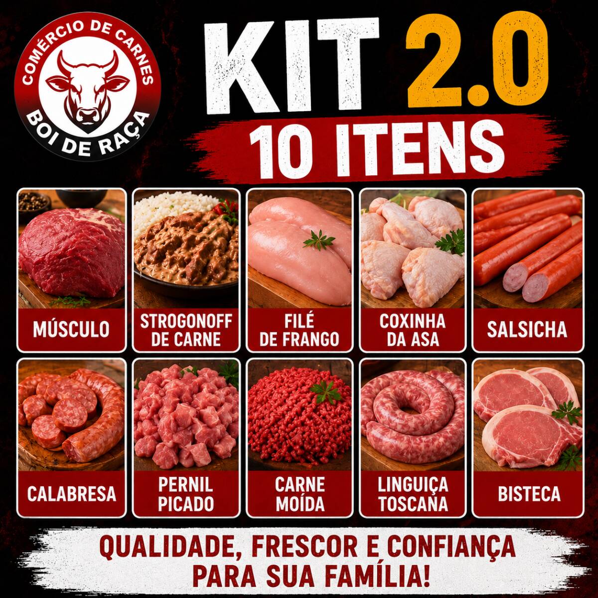 Abasteça sua geladeira com o melhor custo-benefício! O nosso Kit Mistura 2.0 foi pensado para quem não abre mão de uma refeição completa, saborosa e prática todos os dias da semana. São 10 itens selecionados com o padrão de qualidade Boi de Raça.