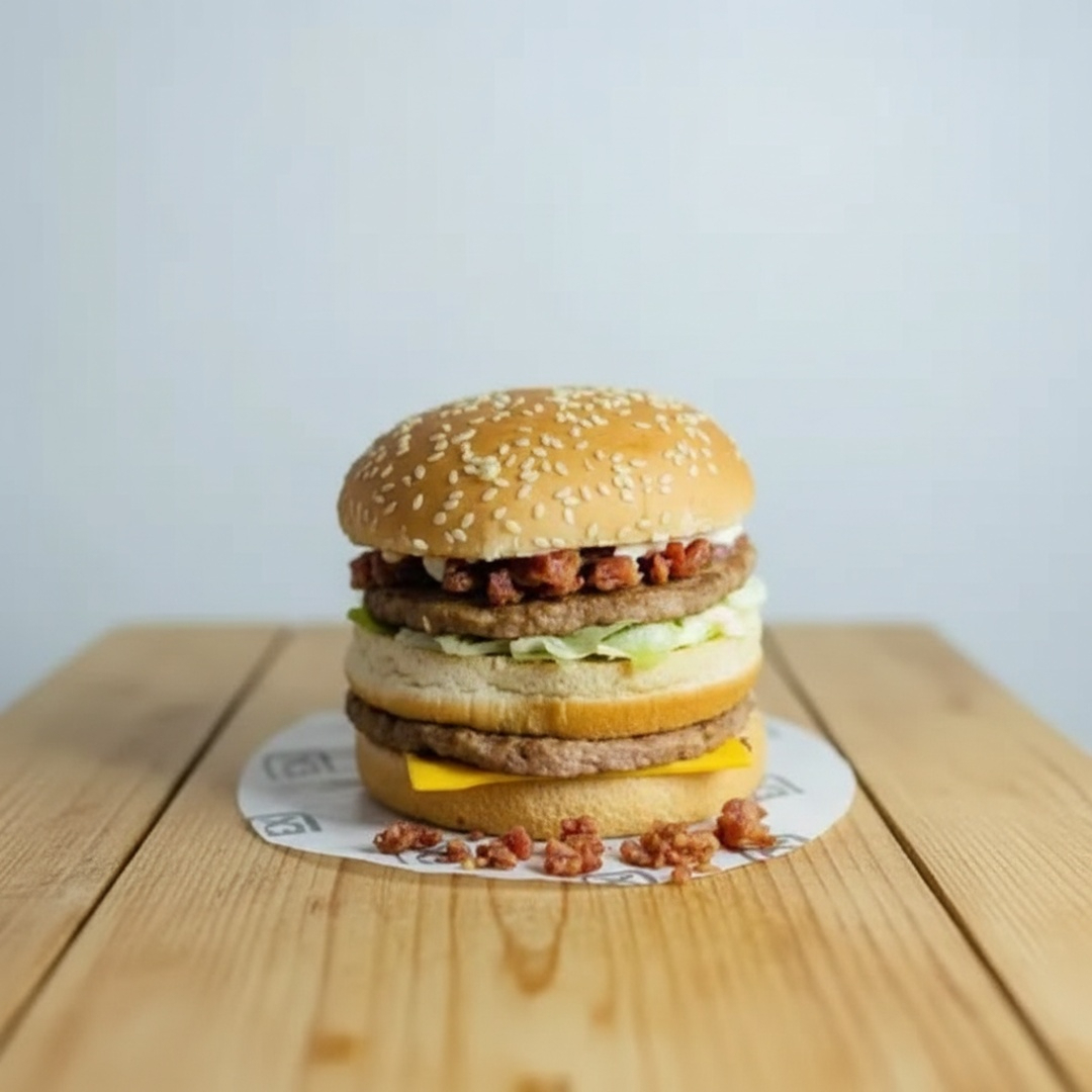 Big bacon: pão de dois cortes, dois hambúrgueres, alface, queijo, maionese e bacon em cubos. (refrigerante conforme disponibilidade do restaurante).