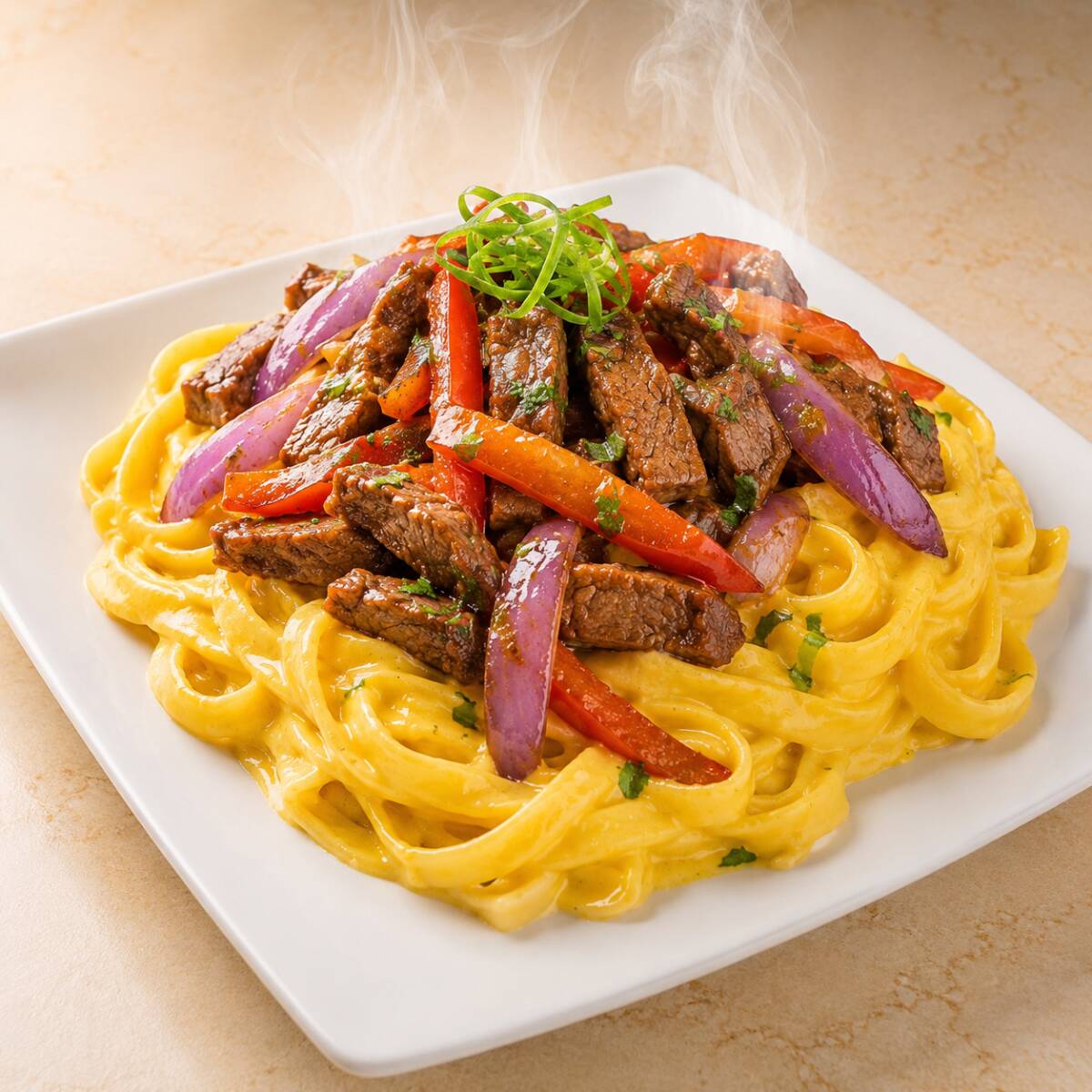 Fetuccini a la Huancaina con Lomo