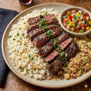 Deliciosa Porção de Contra Filé (120g) feita na hora, acompanhado de arroz, farofa e vinagrete!
Você tambem pode adicionar bebida a parte!