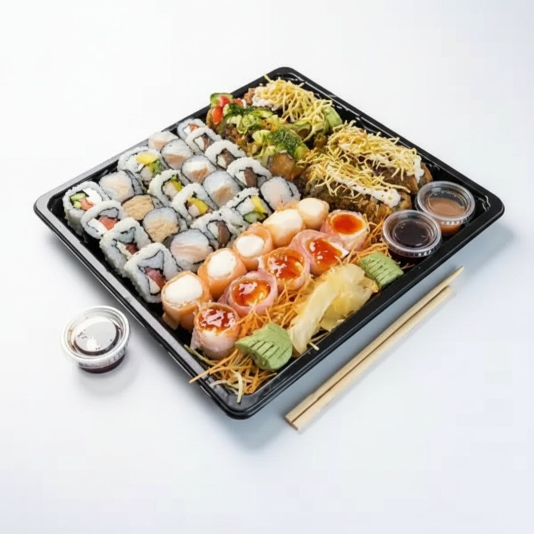 25 sushis variados 10 gunkan 25 hot. (imagem meramente ilustrativa)(acompanha te 1 unidade de cada molho e 2 pares de hashi)