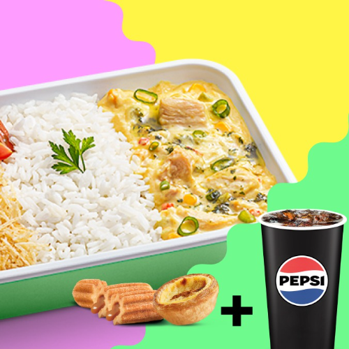 Fricassé de frango cremoso, ou como dizem na França, cremossé. Vai acompanhado de arroz, tomate-cereja, salsinha, cebolinha e pra dar aquela crocância, uma chuva de batata-palha. Acompanha 1 Refrigerante Lata + 3 Minichurros de Doce de leite ou 1 Pastel de Belém. Só vem!