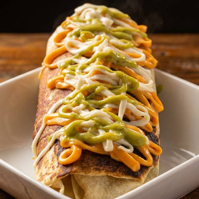 Tortilla de Trigo, queijo mussarela, frango, queijo, creme ácido, pico de gallo e guacamole e finalizado com quijo mussarela crocante. pesa 500g ou mais. Quando o Produto for enviado por delivery, o Cheddar, Catupiry, Guacamole e creme acido será enviado dentro do Burrito.