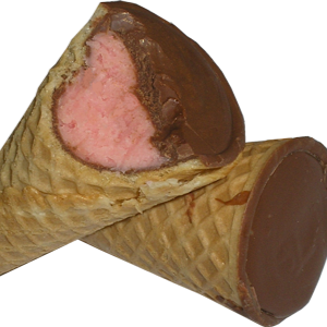 Delicioso Cone Trufado sabor mousse de morango. Casquinha interna revestida por chocolate ao leite .